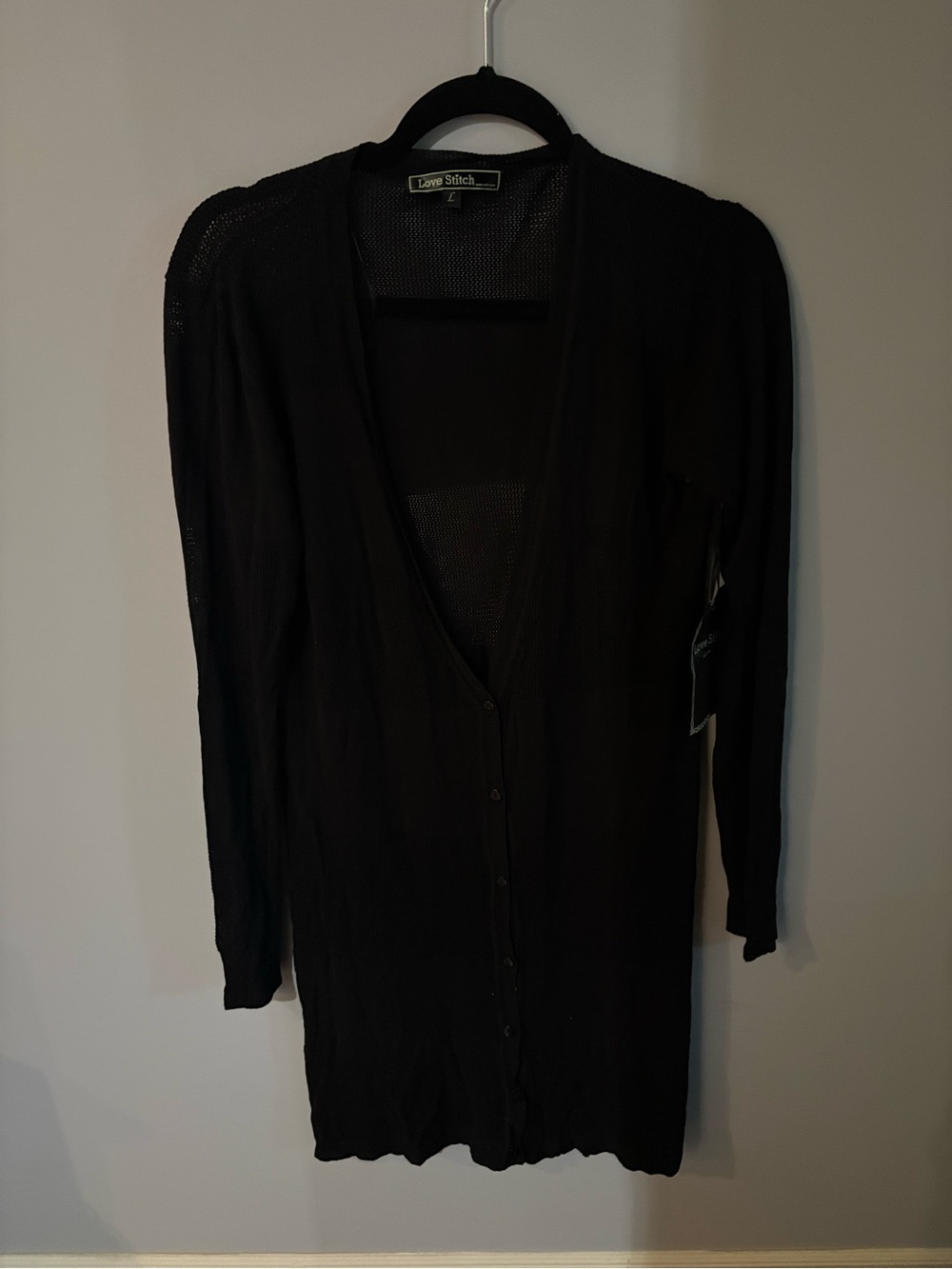 New Love Stitch Black Sheer Long Button Down Cardigan in size M